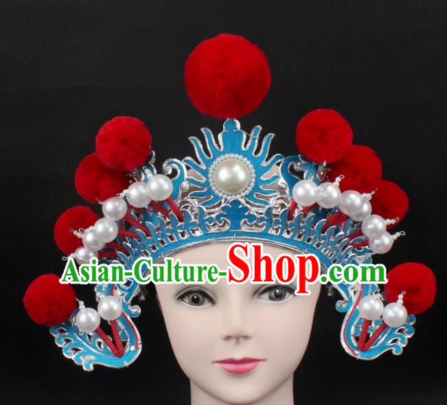 Traditional China Beijing Opera Hair Accessories Red Venonat General Hat, Ancient Chinese Peking Opera Takefu Helmet Headwear