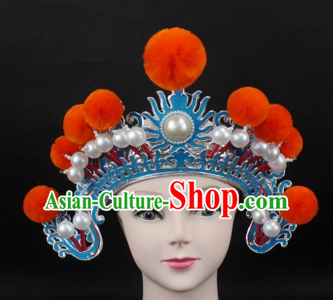 Traditional China Beijing Opera Hair Accessories Orange Venonat General Hat, Ancient Chinese Peking Opera Takefu Helmet Headwear