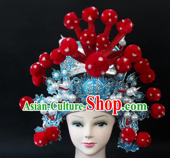 Traditional China Beijing Opera Headpiece General Helmet, Ancient Chinese Peking Opera Takefu Red Venonat Hat Headwear