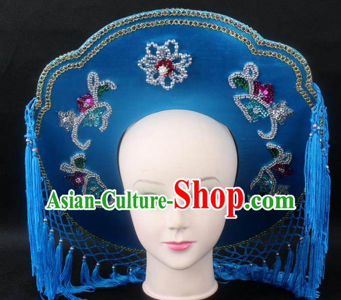 Traditional China Beijing Opera Hair Accessories Fisher-Woman Blue Hat, Ancient Chinese Peking Opera Swordplay Helmet Headwear