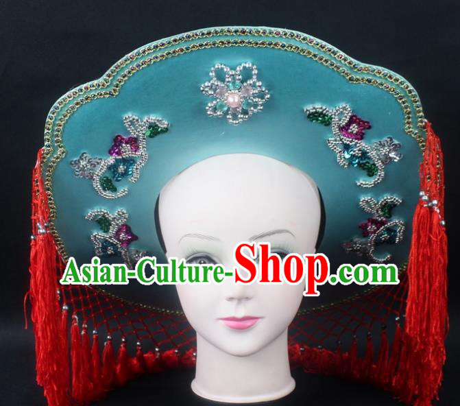 Traditional China Beijing Opera Hair Accessories Fisher-Woman Green Hat, Ancient Chinese Peking Opera Swordplay Helmet Headwear