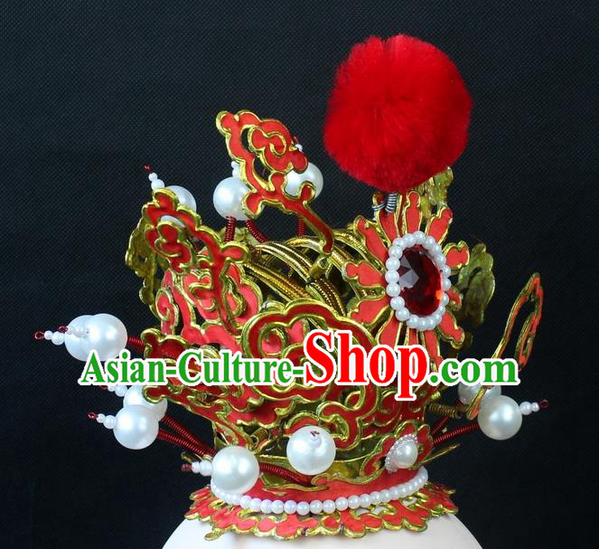 Traditional China Beijing Opera Lang Scholar Niche Sun Wukong Red Tuinga, Ancient Chinese Peking Opera Crown Prince Headwear