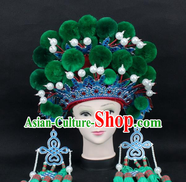 Traditional China Beijing Opera Young Lady Hair Accessories Female General Helmet, Ancient Chinese Peking Opera Swordplay Green Venonat Headwear