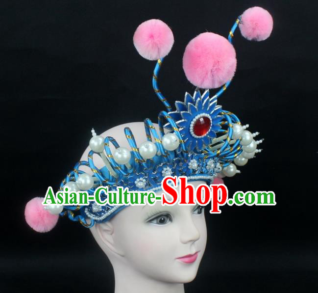 Traditional China Beijing Opera Swordplay Hair Accessories Pearls Hat, Ancient Chinese Peking Opera Blues Headwear