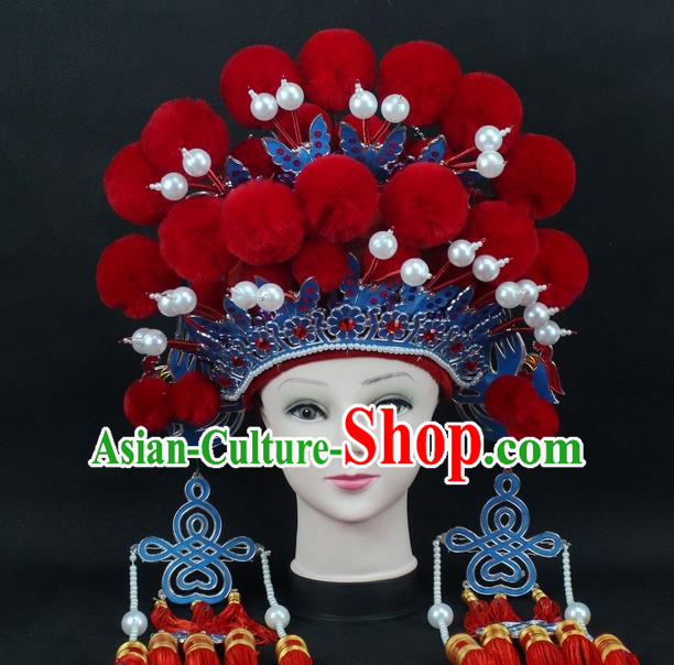 Traditional China Beijing Opera Young Lady Hair Accessories Female General Helmet, Ancient Chinese Peking Opera Swordplay Red Venonat Headwear