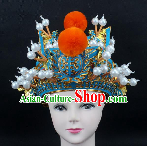 Traditional China Beijing Opera Hair Accessories Orange Venonat General Hat, Ancient Chinese Peking Opera Takefu Helmet Pearls Headwear