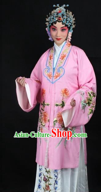 Traditional China Beijing Opera Young Lady Hua Tan Costume Pink Embroidered Cape, Ancient Chinese Peking Opera Female Diva Embroidery Chrysanthemum Dress Clothing