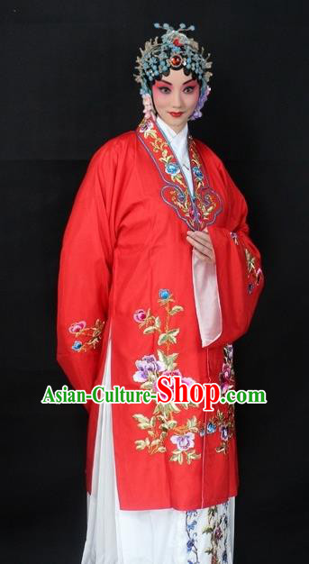 Traditional China Beijing Opera Young Lady Hua Tan Costume Red Embroidered Cape, Ancient Chinese Peking Opera Female Diva Embroidery Peony Dress Clothing