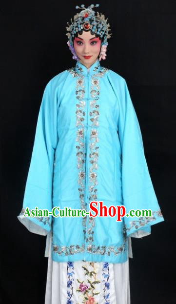 Traditional China Beijing Opera Young Lady Hua Tan Costume Female Blue Embroidered Cape, Ancient Chinese Peking Opera Diva Embroidery Dress Clothing