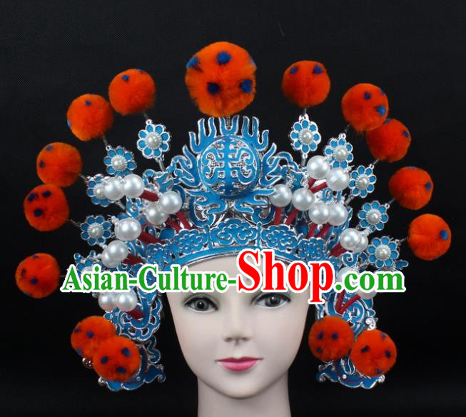 Traditional China Beijing Opera Hair Accessories Orange Venonat General Hat, Ancient Chinese Peking Opera Takefu Helmet Headwear