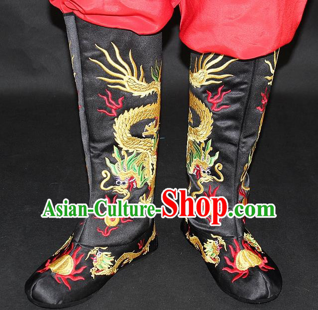 Traditional China Beijing Opera Qing Dynasty Emperor Embroidered Shoes, Ancient Chinese Peking Opera Embroidery Dragons Black Boots