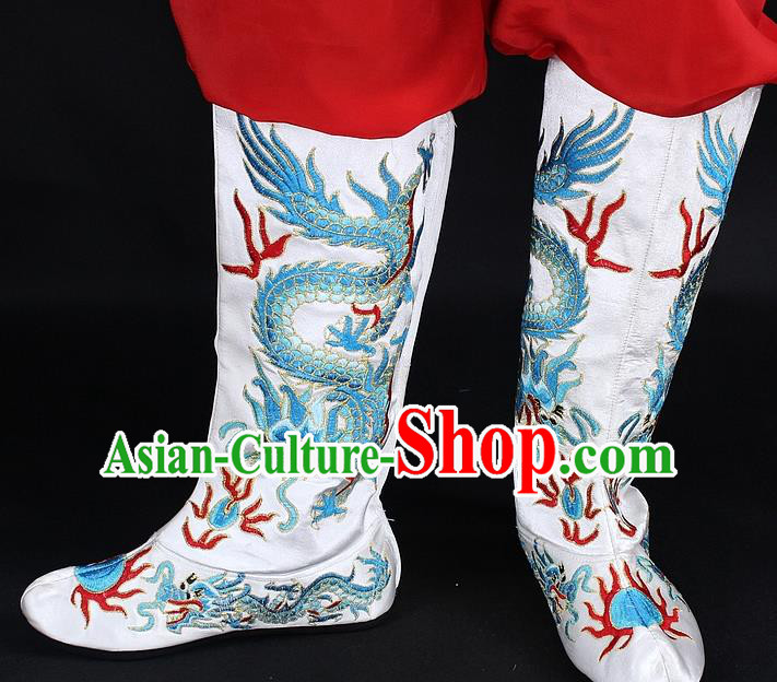 Traditional China Beijing Opera Qing Dynasty Emperor Embroidered Shoes, Ancient Chinese Peking Opera Embroidery Dragons White Boots