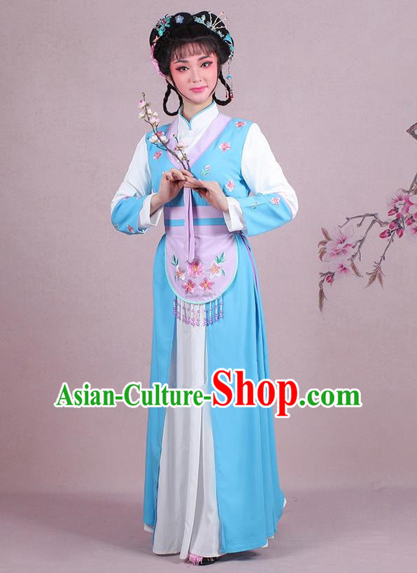 Traditional China Beijing Opera Young Lady Hua Tan Costume Servant Girl Embroidered Blue Clothing, Ancient Chinese Peking Opera Diva Embroidery Dress Clothing