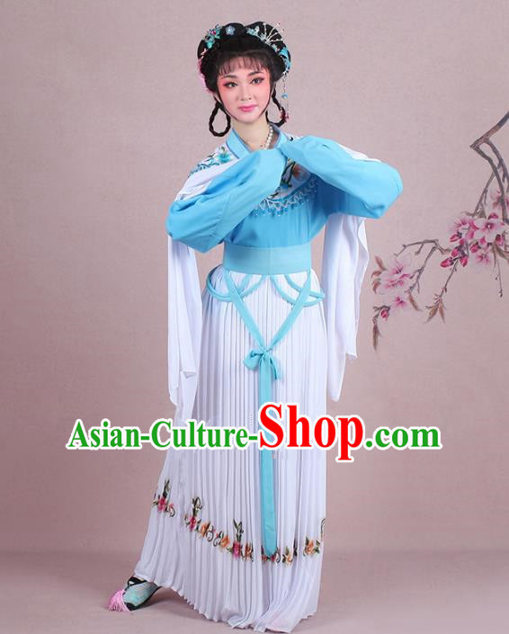 Traditional China Beijing Opera Young Lady Costume A Dream in Red Mansions Maidservants Embroidered Blue Dress, Ancient Chinese Peking Opera Hua Tan Embroidery Clothing