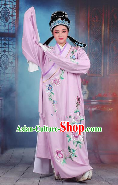 Traditional China Beijing Opera Niche Costume Gifted Scholar Purple Embroidered Robe and Hat, Ancient Chinese Peking Opera Young Men Embroidery Peony Clothing