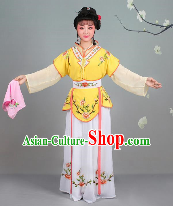 Traditional China Beijing Opera Young Lady Costume Servant Girl Embroidered Yellow Dress, Ancient Chinese Peking Opera Diva Jordan-Sitting Embroidery Clothing