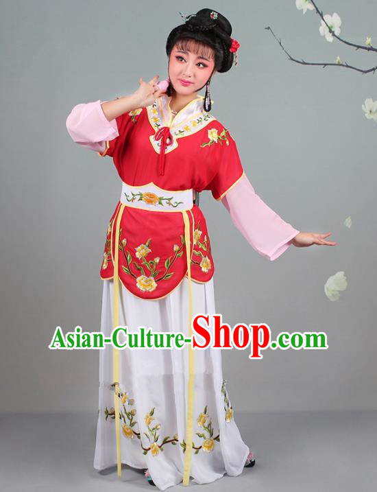 Traditional China Beijing Opera Young Lady Costume Servant Girl Embroidered Red Dress, Ancient Chinese Peking Opera Diva Jordan-Sitting Embroidery Clothing