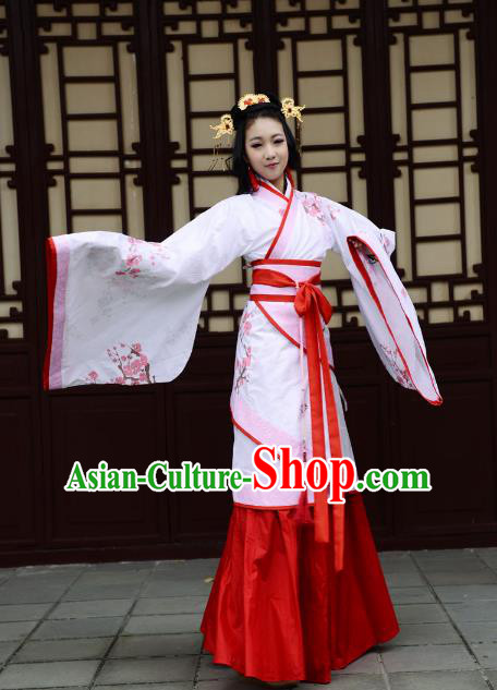 Traditional Chinese Han Dynasty Imperial Princess Curve Bottom Costume, China Ancient Hanfu Dress Palace Lady Hand Painting Plum Blossom Clothing for Women