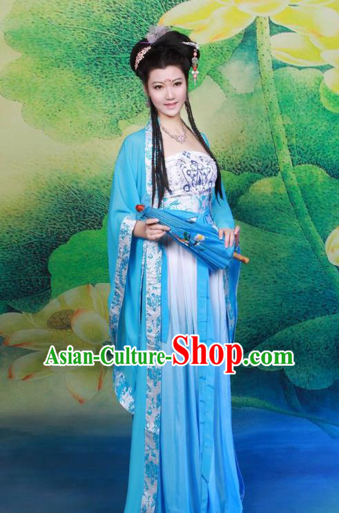 Traditional Chinese Tang Dynasty Imperial Princess Peri Costume, Elegant Hanfu Clothing Chinese Ancient Palace Lady Fairy Blue Dress Clothing