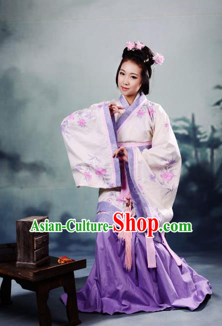 Traditional Chinese Han Dynasty Imperial Princess Peri Purple Curve Bottom Costume, China Ancient Hanfu Dress Palace Lady Hand Painting Clothing for Women