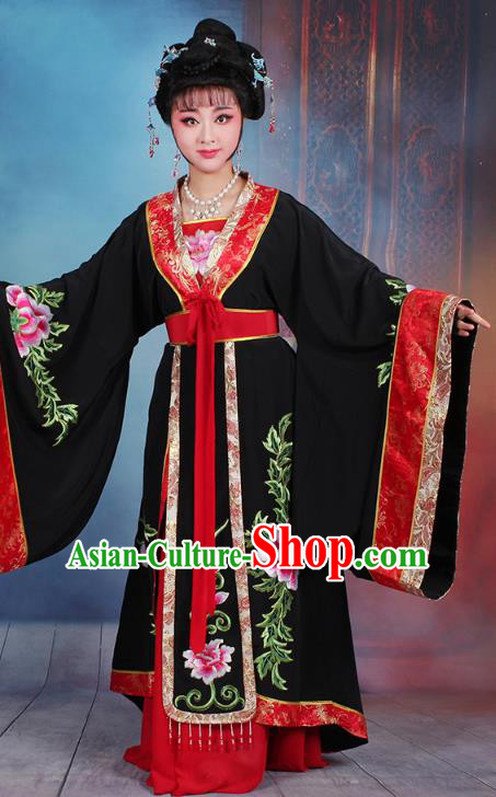 Traditional China Beijing Opera Young Lady Hua Tan Costume Black Embroidered Dress, Ancient Chinese Peking Opera Diva Senior Concubine Embroidery Peony Clothing