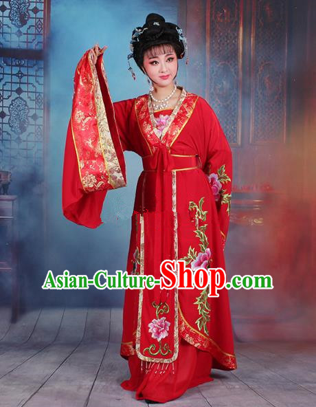 Traditional China Beijing Opera Young Lady Hua Tan Costume Red Embroidered Dress, Ancient Chinese Peking Opera Diva Senior Concubine Embroidery Peony Clothing