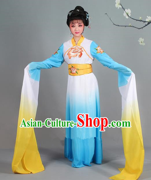 Traditional China Beijing Opera Palace Lady Hua Tan Costume Gradient Blue Water Sleeve Dress, Ancient Chinese Peking Opera Diva Senior Concubine Embroidery Clothing