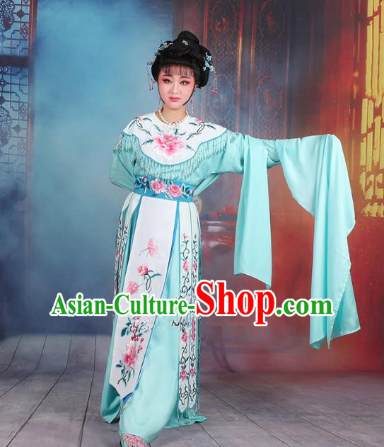 Traditional China Beijing Opera Palace Lady Hua Tan Costume Water Sleeve Embroidered Dress, Ancient Chinese Peking Opera Diva Senior Concubine Embroidery Blue Clothing