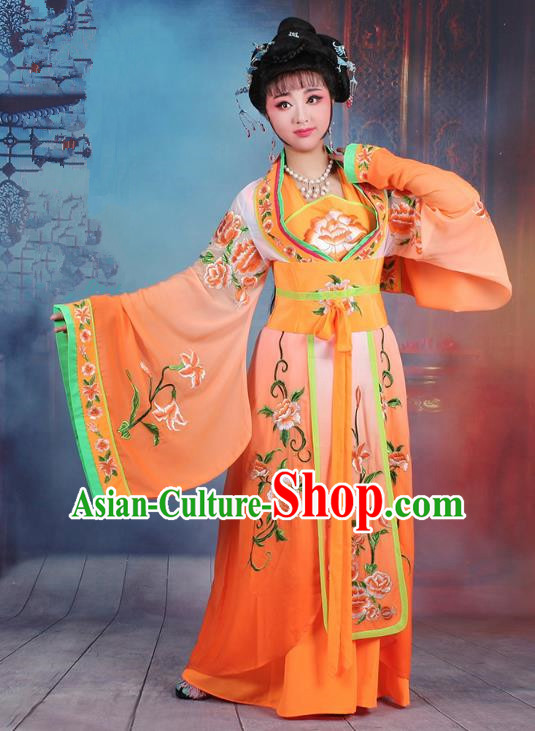 Traditional China Beijing Opera Palace Lady Hua Tan Costume Orange Embroidered Dress, Ancient Chinese Peking Opera Diva Princess Embroidery Clothing