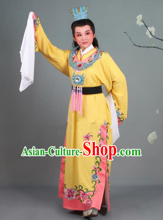 Traditional China Beijing Opera Niche Costume Gifted Scholar Jia Baoyu Yellow Embroidered Robe and Hat, Ancient Chinese Peking Opera Young Men Embroidery Peony Clothing