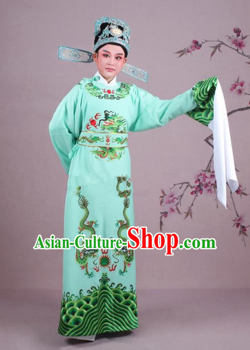 Traditional China Beijing Opera Niche Costume Lang Scholar Green Embroidered Robe and Hat, Ancient Chinese Peking Opera Magistrate Embroidery Dragons Gwanbok Clothing