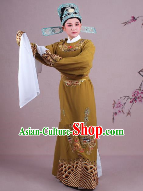 Traditional China Beijing Opera Niche Costume Lang Scholar Ginger Embroidered Robe and Hat, Ancient Chinese Peking Opera Magistrate Embroidery Dragons Gwanbok Clothing