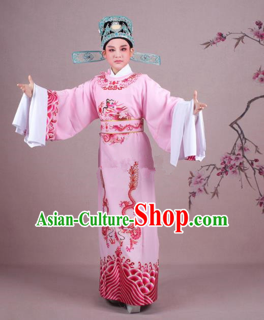 Traditional China Beijing Opera Niche Costume Lang Scholar Pink Embroidered Robe and Hat, Ancient Chinese Peking Opera Magistrate Embroidery Dragons Gwanbok Clothing