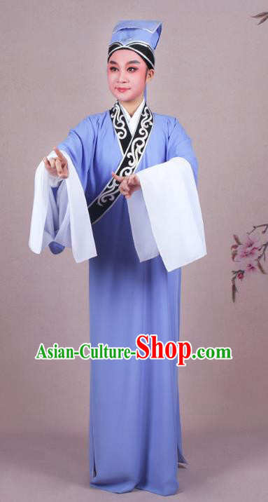 Traditional China Beijing Opera Niche Costume Scholar Embroidered Deep Blue Robe and Headwear, Ancient Chinese Peking Opera Young Men Clothing