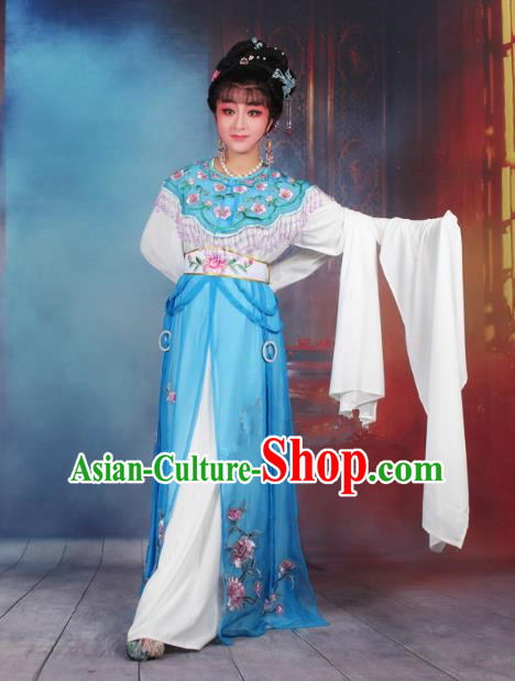 Traditional China Beijing Opera Young Lady Hua Tan Costume Blue Embroidered Dress, Ancient Chinese Peking Opera Diva Senior Concubine Embroidery Peony Clothing