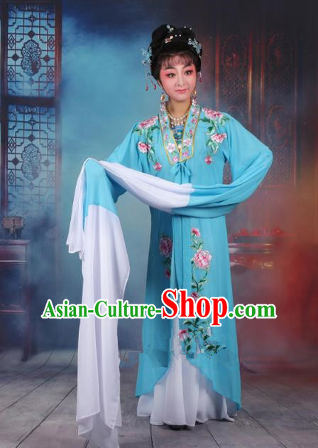 Traditional China Beijing Opera Young Lady Hua Tan Costume Princess Blue Embroidered Cape, Ancient Chinese Peking Opera Diva Embroidery Dress Clothing