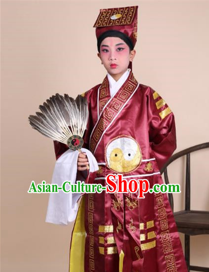 Traditional China Beijing Opera Zhuge Liang Costume Taoist Amaranth Embroidered Robe and Headwear, Ancient Chinese Peking Opera Taoism Embroidery Gossip Clothing for Kids