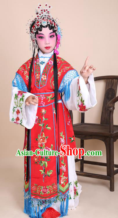 Traditional China Beijing Opera Costume Red Embroidered Dress and Headwear, Ancient Chinese Peking Opera Diva Hua Tan Embroidery Clothing for Kids