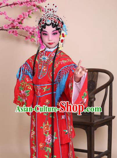 Traditional China Beijing Opera Costume Red Embroidered Dress and Headwear, Ancient Chinese Peking Opera Diva Hua Tan Embroidery Clothing for Kids