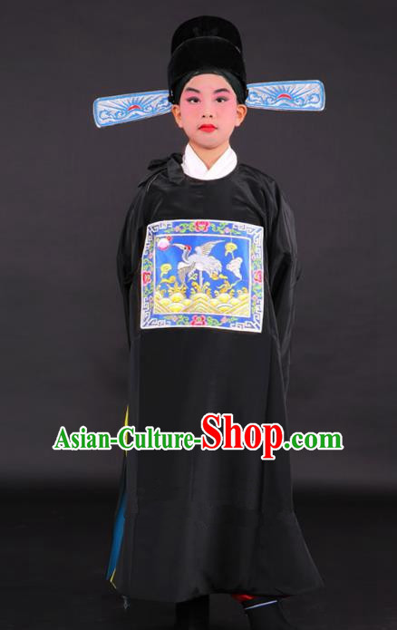 Traditional China Beijing Opera Niche Costume Lang Scholar Black Embroidered Robe and Hat, Ancient Chinese Peking Opera Embroidery Gwanbok for Kids