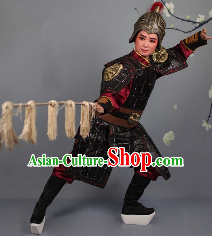 Traditional China Beijing Opera Swordplay Helmet and Armour Costume, Ancient Chinese Peking Opera Blues Female General Clothing