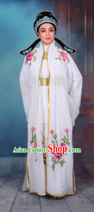 Top Grade Professional Beijing Opera Niche Costume Scholar White Embroidered Cape, Traditional Ancient Chinese Peking Opera Embroidery Young Men Clothing