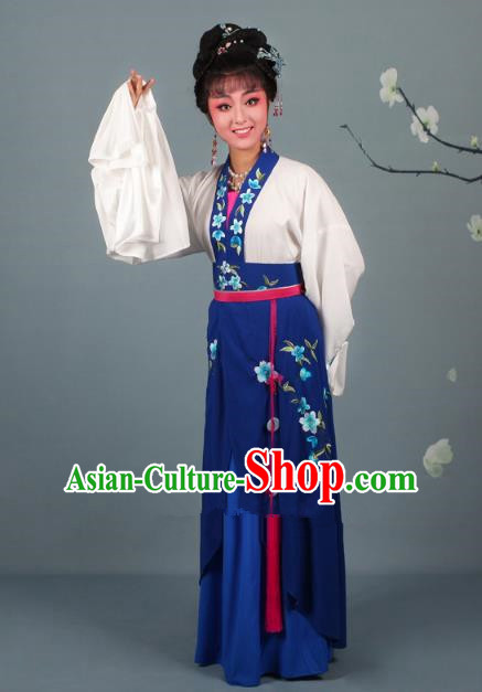 Traditional China Beijing Opera Young Lady Hua Tan Costume Princess Navy Embroidered Dress, Ancient Chinese Peking Opera Diva Embroidery Peach Blossom Clothing