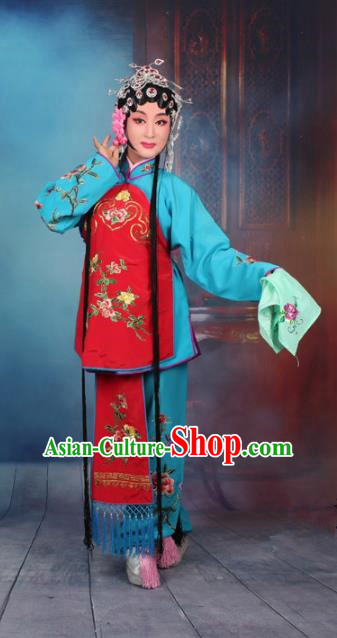 Top Grade Professional Beijing Opera Young Lady Costume Servant Girl Blue Embroidered Clothing, Traditional Ancient Chinese Peking Opera Maidservants Embroidery Clothing