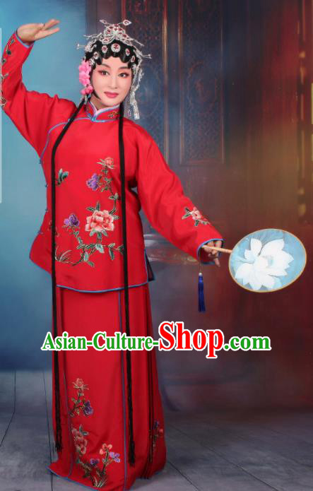 Top Grade Professional Beijing Opera Young Lady Costume Servant Girl Red Embroidered Dress, Traditional Ancient Chinese Peking Opera Maidservants Embroidery Peony Clothing