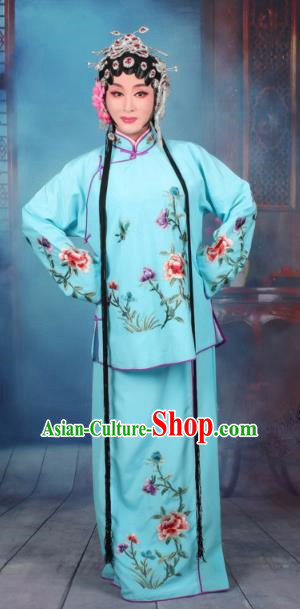 Top Grade Professional Beijing Opera Young Lady Costume Servant Girl Blue Embroidered Dress, Traditional Ancient Chinese Peking Opera Maidservants Embroidery Peony Clothing