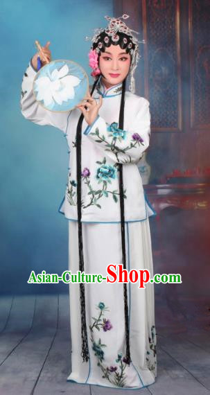 Top Grade Professional Beijing Opera Young Lady Costume Servant Girl White Embroidered Dress, Traditional Ancient Chinese Peking Opera Maidservants Embroidery Peony Clothing