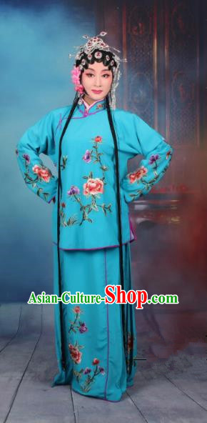 Top Grade Professional Beijing Opera Young Lady Costume Servant Girl Deep Blue Embroidered Dress, Traditional Ancient Chinese Peking Opera Maidservants Embroidery Peony Clothing