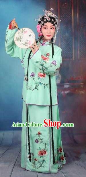 Top Grade Professional Beijing Opera Young Lady Costume Servant Girl Green Embroidered Dress, Traditional Ancient Chinese Peking Opera Maidservants Embroidery Peony Clothing