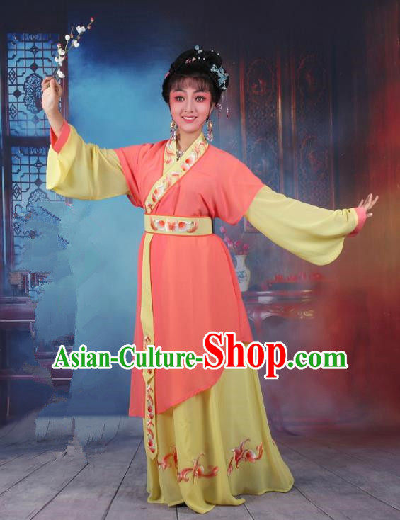 Top Grade Professional Beijing Opera Young Lady Costume Servant Girl Orange Embroidered Dress, Traditional Ancient Chinese Peking Opera Maidservants Embroidery Clothing